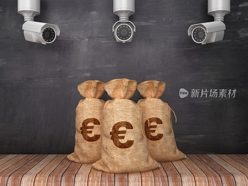 欧元金钱袋与安全摄像头在房间-黑板背景- 3D渲染